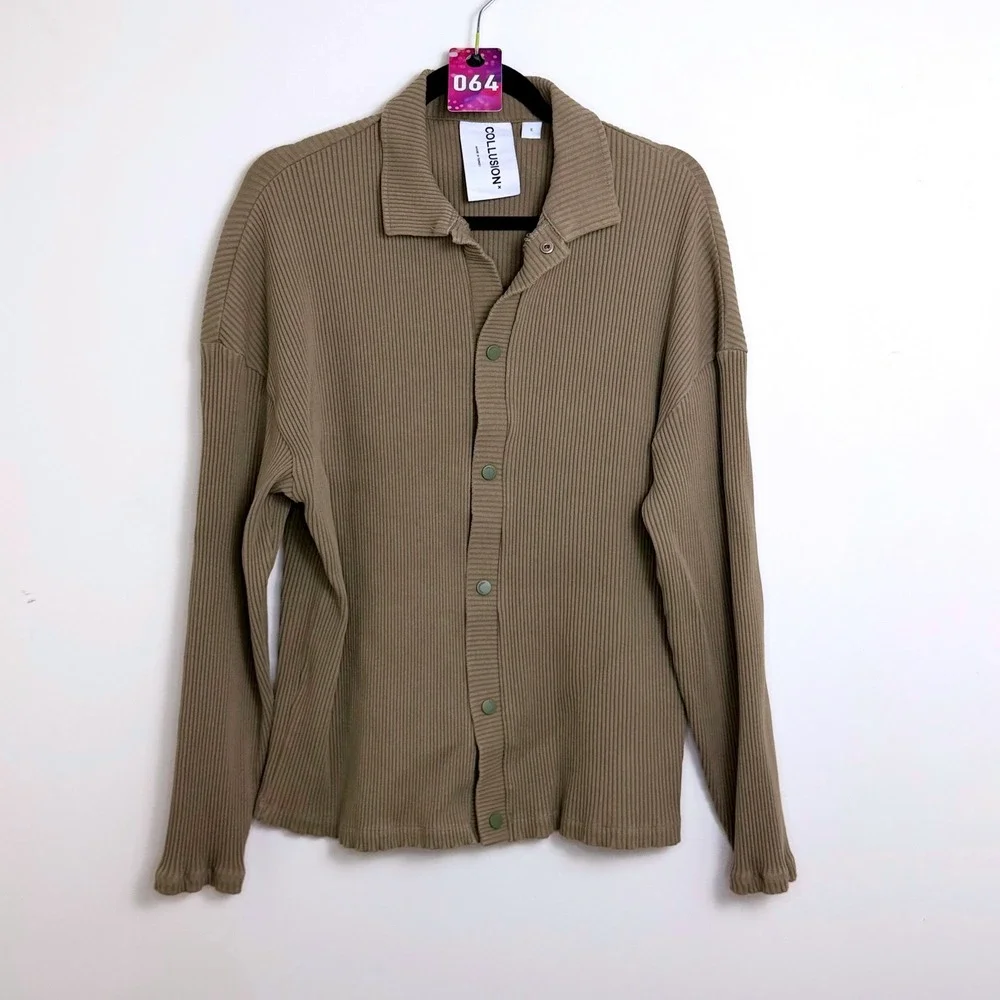 COLLUSION Ribbed Button Front Long Sleeve Shirt Top Khaki‎ Size M